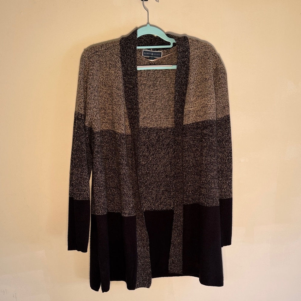 Dana Buchman Brown, Black and Tan Color Block Cardigan Size Large Long Sleeved